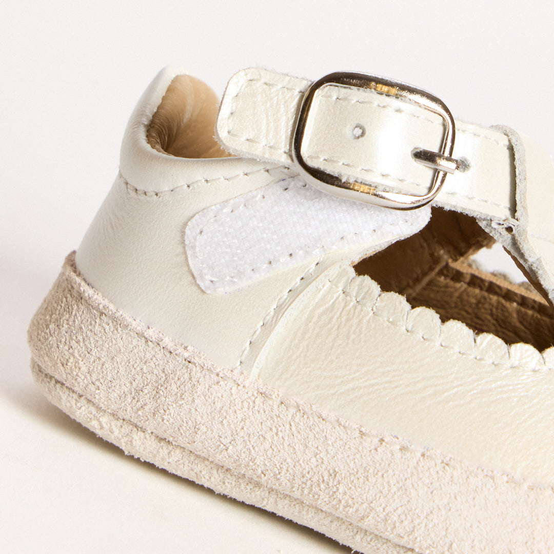 Zora Pearl White Leather Soft Sole T-Bar