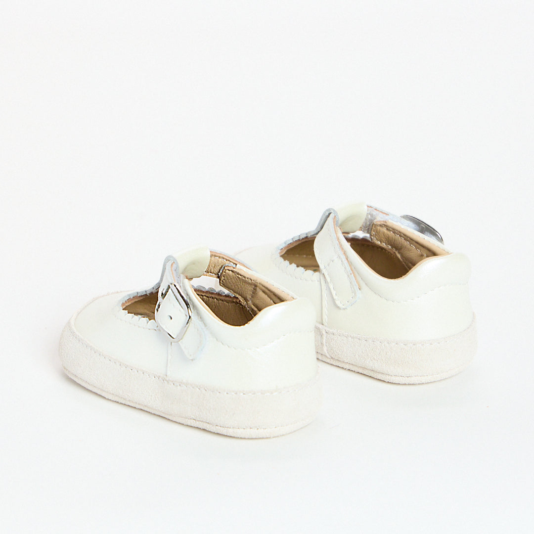 Zora Pearl White Leather Soft Sole T-Bar