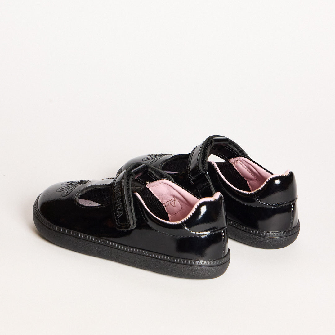 Sky Bloom Black Patent Pre-School Barefoot T-Bar School Shoe