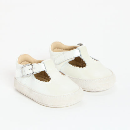 Zora Pearl White Leather Soft Sole T-Bar