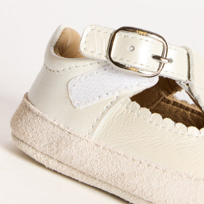 Zora Pearl White Leather Soft Sole T-Bar