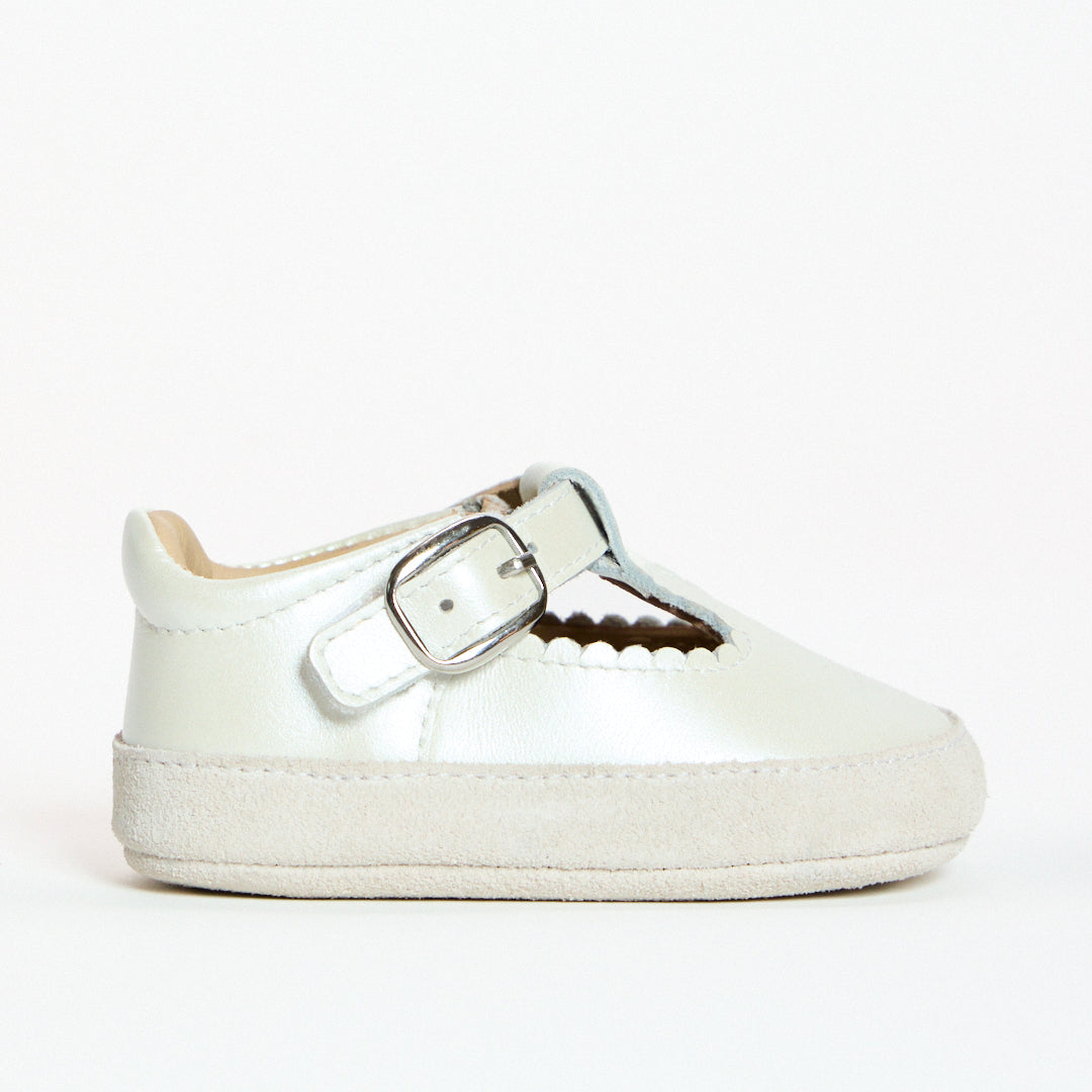 Zora Pearl White Leather Soft Sole T-Bar