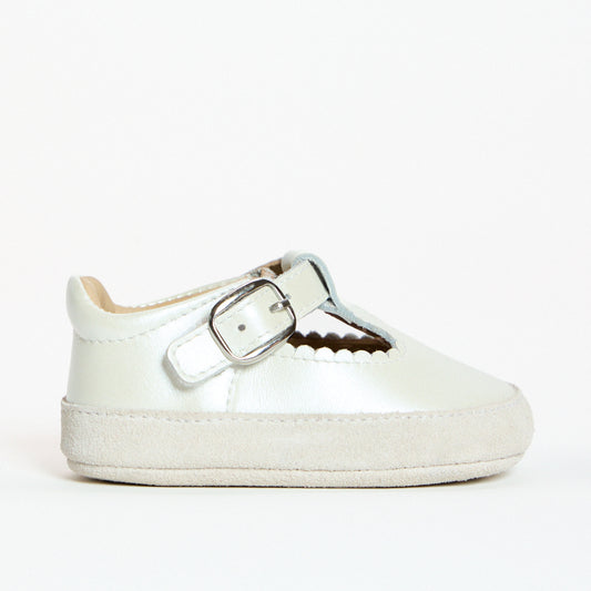 Zora Pearl White Leather Soft Sole T-Bar